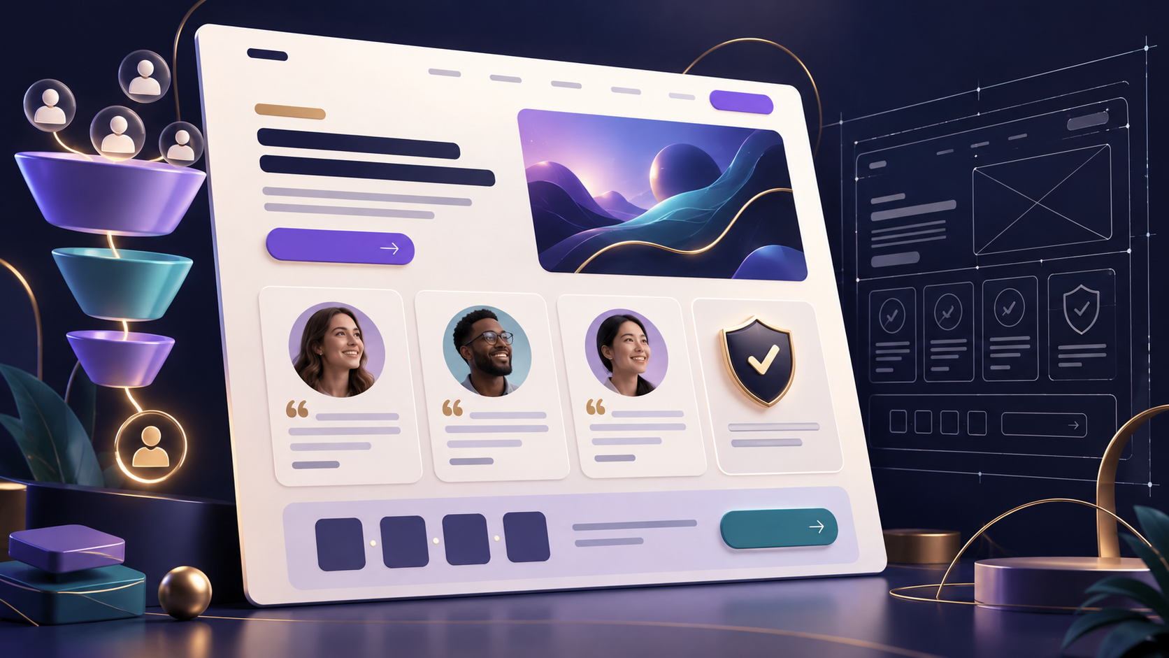 Conceptual funnel-page illustration with a guarantee shield, fictional testimonial cards and an honest-deadline countdown.