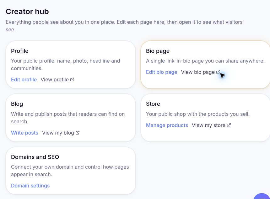 Creator hub cards for profile, bio page, blog, store, domains and SEO