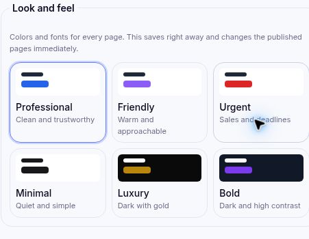 Six funnel look-and-feel presets with the immediate-save warning