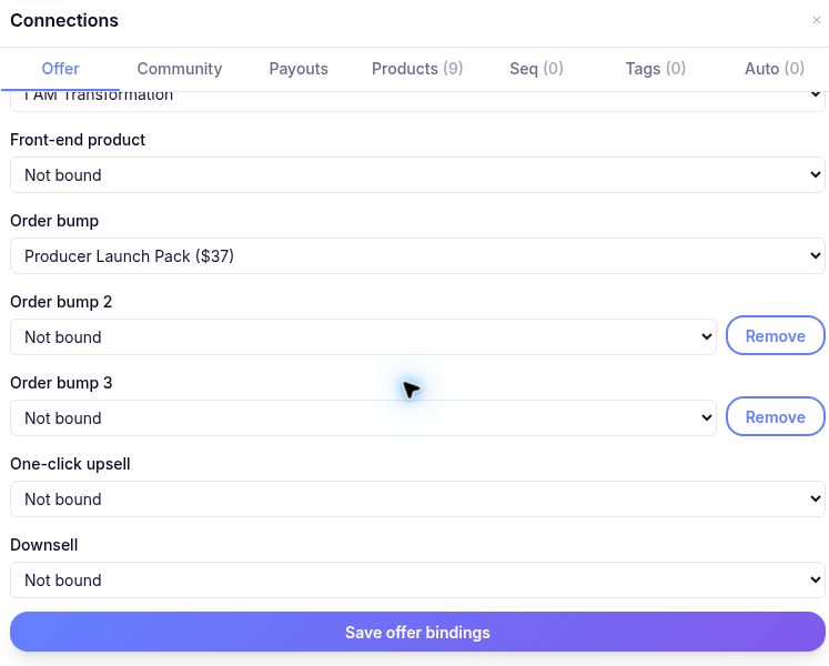 Connections Offer panel with three order bump product slots